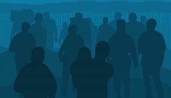 Téléchargez-les-photos-:-illustration-numérique-de-silhouettes-de-migrants-marchant-la-nuit-près-du-mur-frontalier---en-image-libre-de-droit