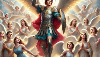 DALL·E 2024-09-11 21.57.19 - A realistic and detailed illustration of Saint Michael the Archangel leading the nine choirs of angels. Saint Michael is depicted in dynamic armor, wi