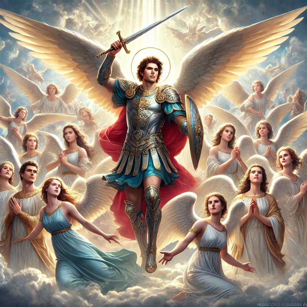 DALL·E 2024-09-11 21.57.19 - A realistic and detailed illustration of Saint Michael the Archangel leading the nine choirs of angels. Saint Michael is depicted in dynamic armor, wi