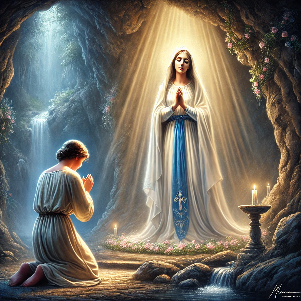 DALL·E 2025-01-29 10.00.42 - A serene and spiritual illustration of Our Lady of Lourdes appearing to Saint Bernadette Soubirous in a peaceful grotto setting. The Virgin Mary is de